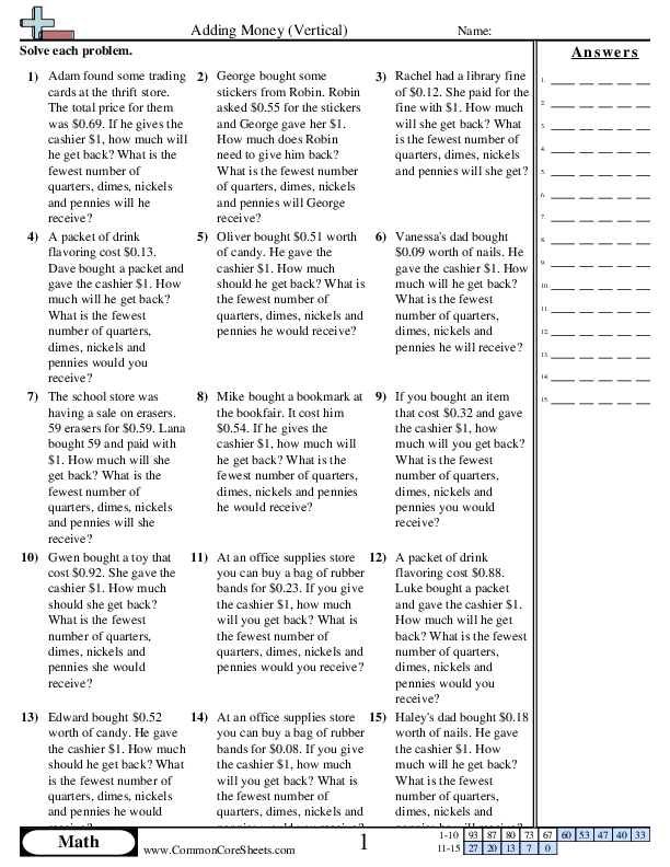 Adding Money (Vertical) worksheet